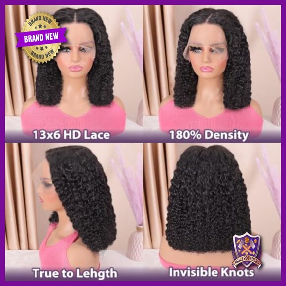 13x6 HD Lace Front Human Hair Bob Wig Glueless Curly 180 Density main image 5